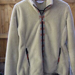 Orvis Sherpa Cream Fleece Tapestry Trim Womens XS Full Zip Jacket Coat